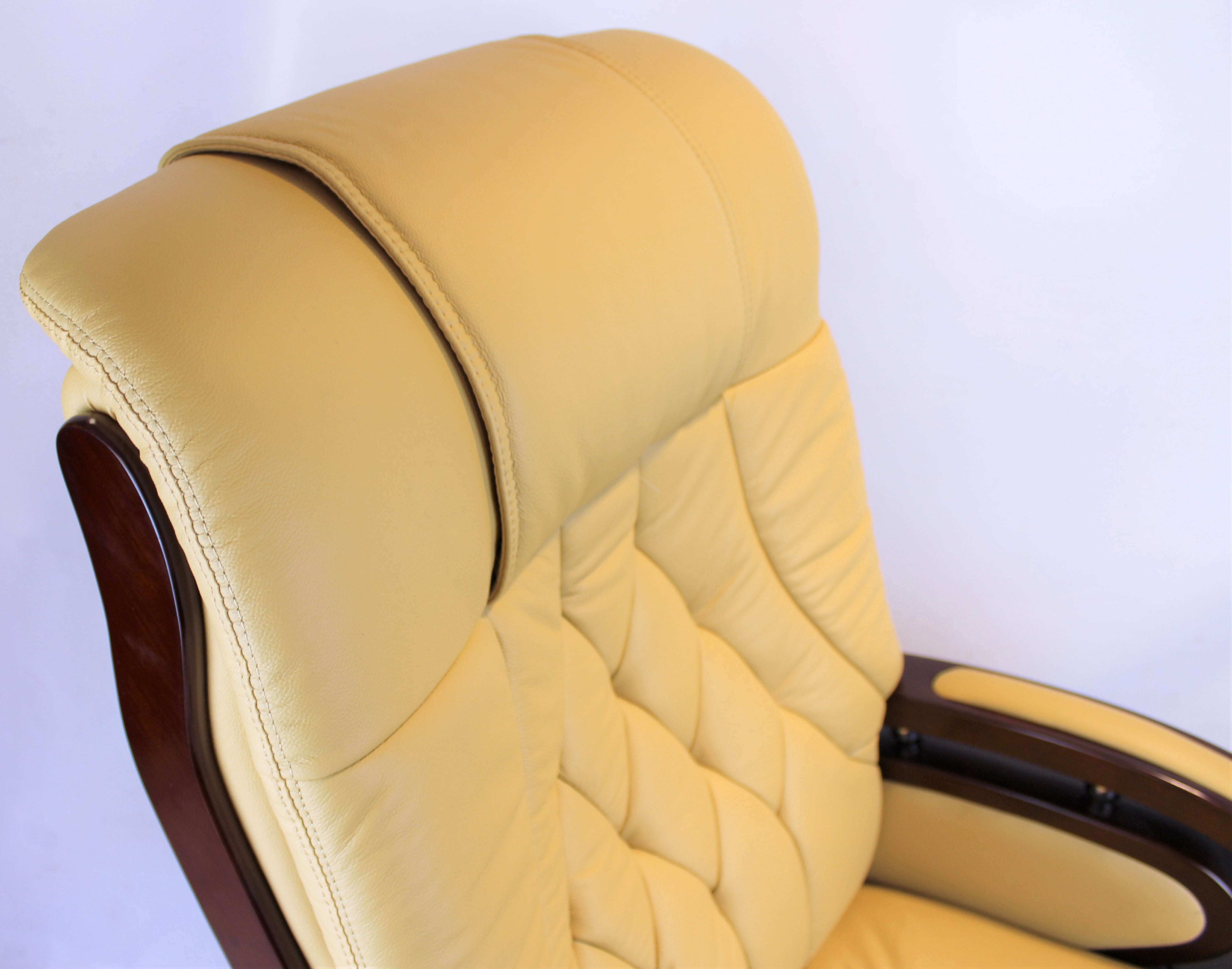 Genuine Leather Beige Executive Office Chair with Wooden Arms - A616